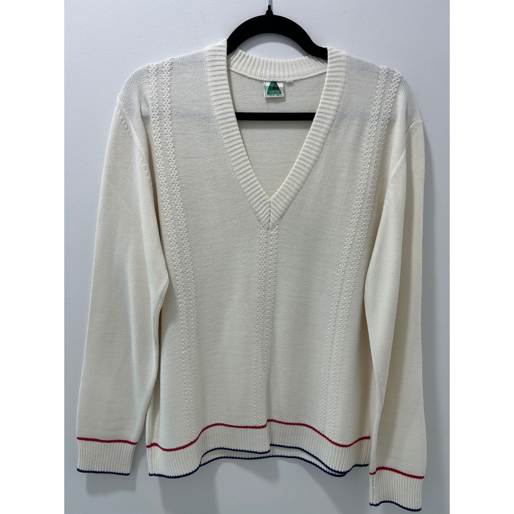Vintage Leacril Chatillon Cream V-Neck Sweater Preppy Tennis Knit White Blue Red